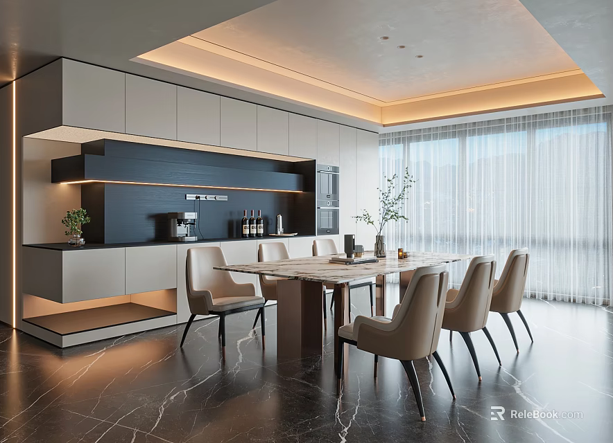 Elegant Modern Restaurant Interior With Dining Table Chairs Lighting And Marble Floor 3d model