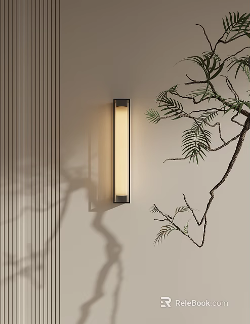 Modern Wall Sconce Emitting Soft Light On Beige Wall With Green Foliage Decoration 3d model 
