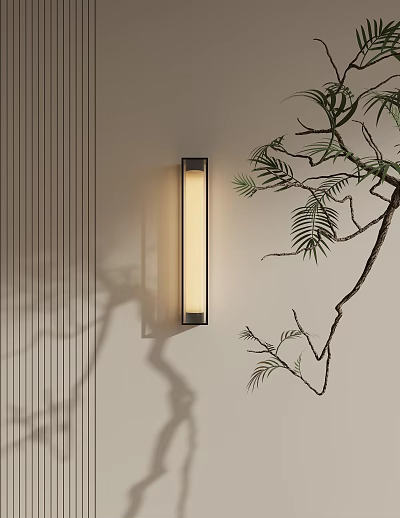 Modern Wall Sconce Emitting Soft Light On Beige Wall With Green Foliage Decoration 3d model