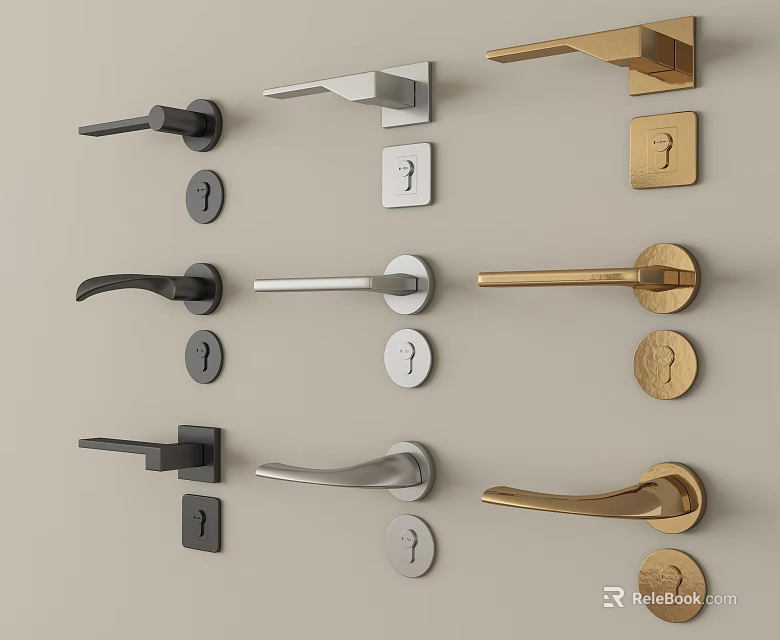 Various Door Handles In Black Silver And Gold Designs Displayed On Wall 3d model 
