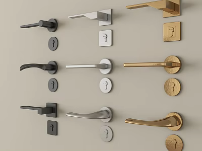 Various Door Handles In Black Silver And Gold Designs Displayed On Wall 3d model