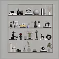 Modern Style Decorative Ornament Set On Multi Tiered Shelf With Vases Sculptures Books And Plants