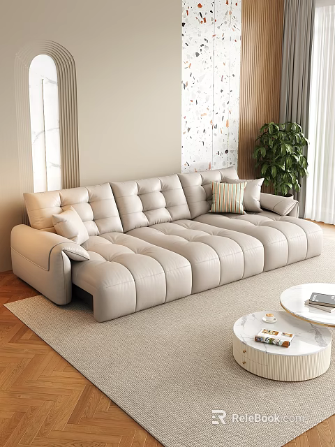 Modern Beige Leather Tufted L Shaped Sofa Coffee Table Set With Throw Pillows 3d model 