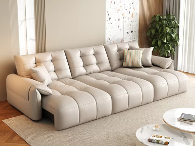 Modern Beige Leather Tufted L Shaped Sofa Coffee Table Set With Throw Pillows 3d model