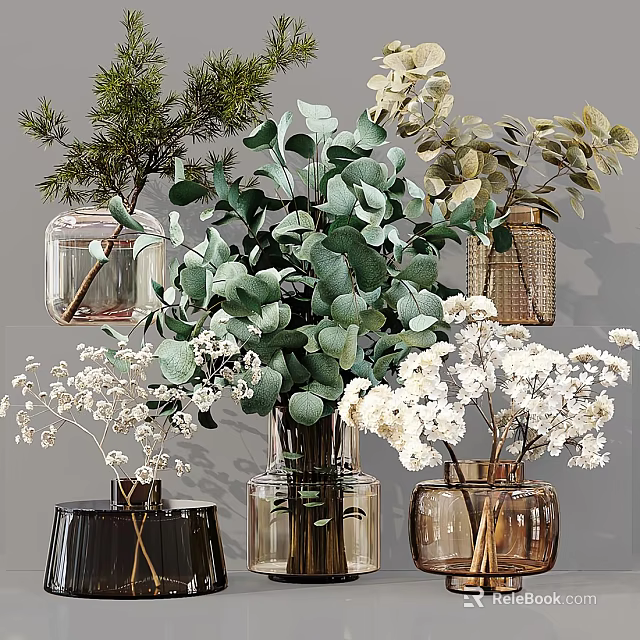 Stylish Vases With Eucalyptus Leaves And White Baby's Breath Flowers Arrangement 3d model 