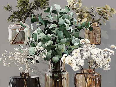 Stylish Vases With Eucalyptus Leaves And White Baby's Breath Flowers Arrangement 3d model