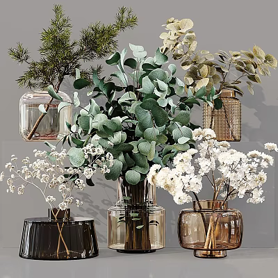Stylish Vases With Eucalyptus Leaves And White Baby's Breath Flowers Arrangement 3d model