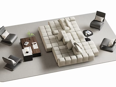 Beige Modular Multi seat Sofa With Gray Accent Chairs Coffee Tables And Green Plant 3d model