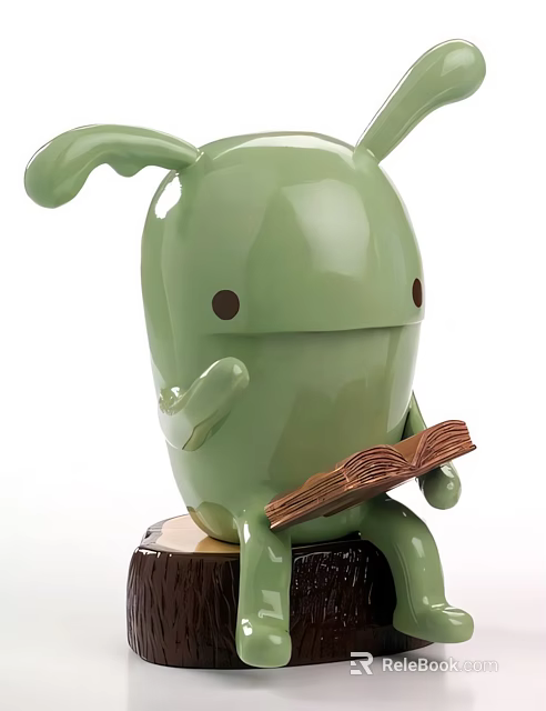 Green Cartoon Decorative Ornament Set Sitting on Wooden Base Holding Open Book 3d model 