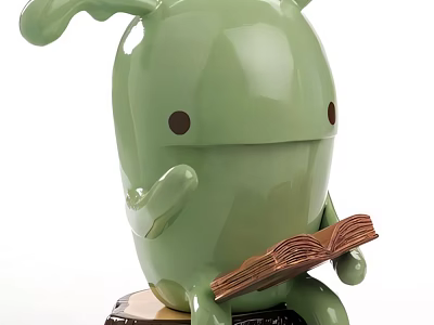 Green Cartoon Decorative Ornament Set Sitting on Wooden Base Holding Open Book 3d model