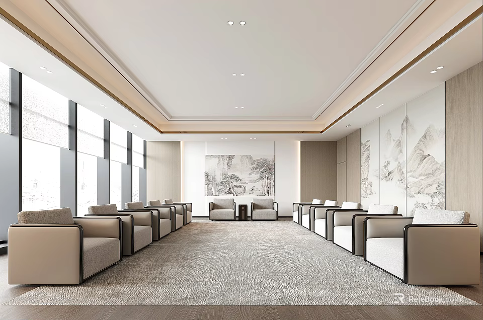 Modern Hotel Public Lounge With Spacious Beige Sofas Ink Paintings Large Windows And Gray Carpet 3d model 
