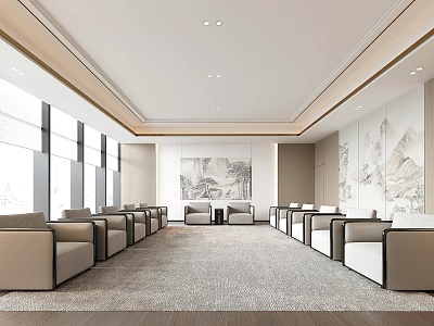 Modern Hotel Public Lounge With Spacious Beige Sofas Ink Paintings Large Windows And Gray Carpet 3d model