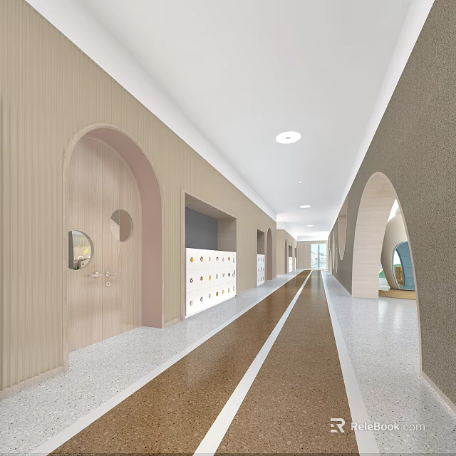 Modern Elevator Corridor With Arched Doors And Light Decor 3d model