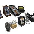 Various Style Watches With Display Cases And Packaging Boxes In Different Designs 3d model