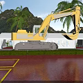 Yellow Excavator Utility Vehicle Parked Near White Tent With Palm Trees And Mountain View