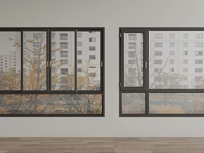 Modern Black Frame Windows In White Wall Interior With Wooden Floor And Exterior Views 3d model