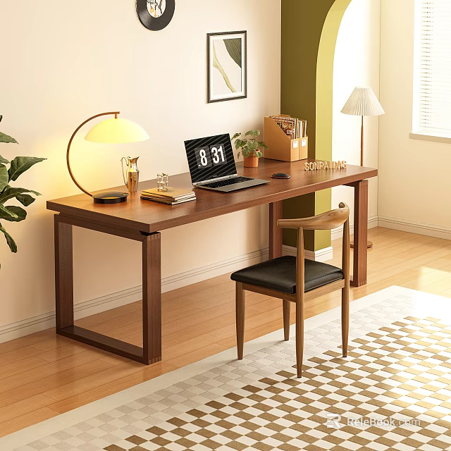 Modern Wooden Desk with Laptop Book Desk Lamp Stationery and Wooden Chair Near Green Plant 3d model 