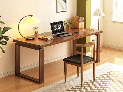 Modern Wooden Desk with Laptop Book Desk Lamp Stationery and Wooden Chair Near Green Plant 3d model