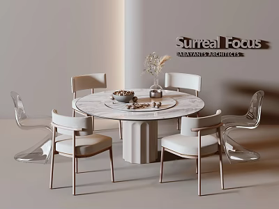 Modern Round Dining Table And Chairs Set With Marble Top Transparent And Light Colored Metal Leg Design 3d model