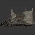 Damaged Stone Wall Structure With Wooden Frames And Rubble Piles 3d model