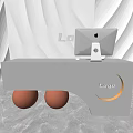 Modern Gray Reception Desk With Orange Spherical Decor Metal Bird Sculpture Logo Computer Wavy Wall