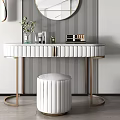 Modern Dressing Table With Round Mirror Gold Legs Stool And Decorative Vase