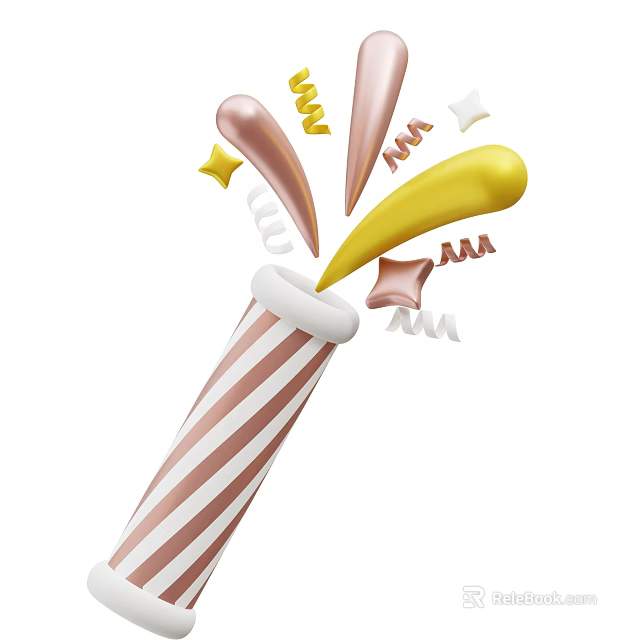 Decorative Ornament Set With Striped Confetti Cannon And Gold Pink Yellow Spirals Stars Streamers 3d model 