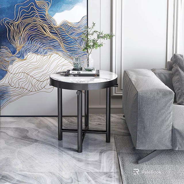 Elegant Side Table With Marble Top And Black Metal Legs Next To Gray Sofa 3d model 