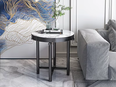 Elegant Side Table With Marble Top And Black Metal Legs Next To Gray Sofa 3d model