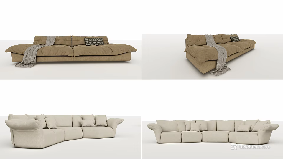 Modern Light Colored Sofa Set Design With Cushioned Seats And Decorative Throw Blankets 3d model