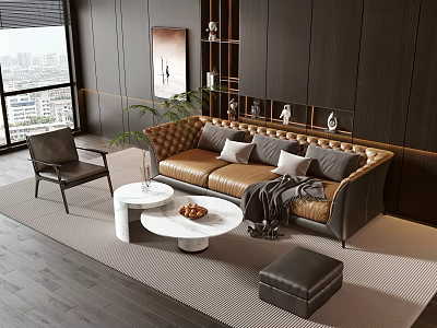 Elegant Brown Leather Sofa And White Round Coffee Table Set With Gray Pillows Black Ottoman 3d model