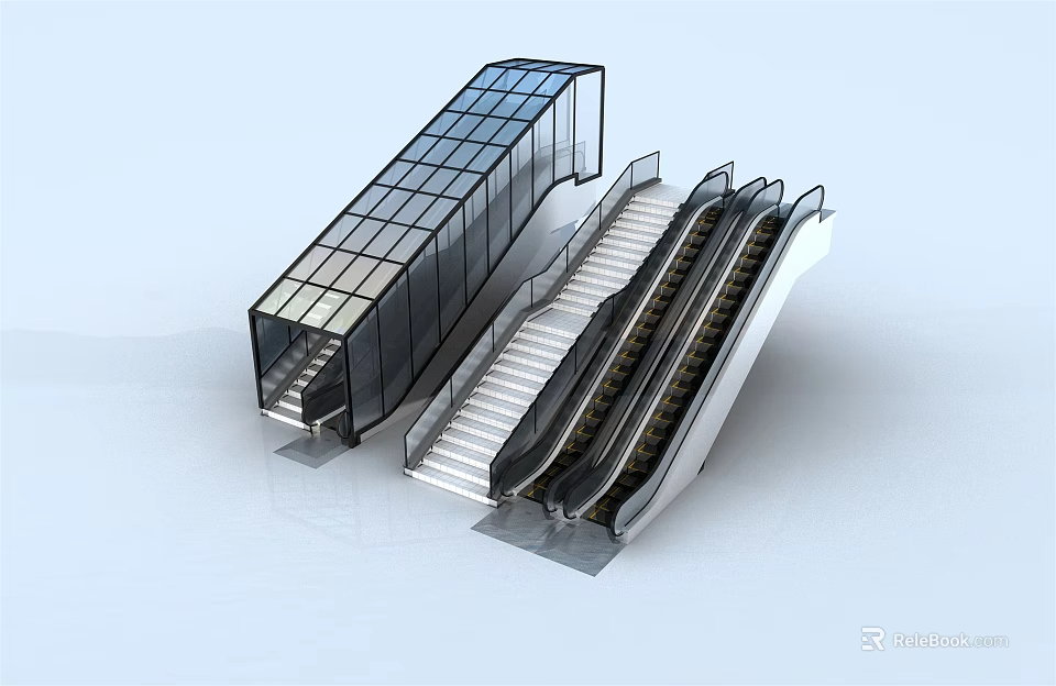 Sleek Modern Escalator Structure With Glass Enclosure And Adjacent Stairs Design 3d model 