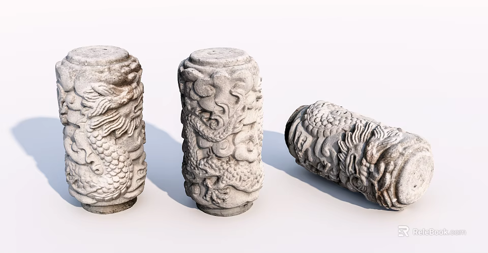 Exquisite Carved Stone Pillars with Intricate Dragon Patterns and Traditional Ornaments 3d model 