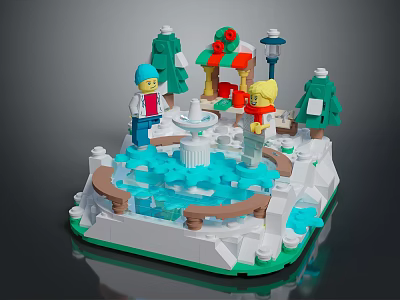 Colorful Lego Miniature Scene with Figures Trees Pavilion Fountain and Snowy Base 3d model