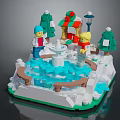 Colorful Lego Miniature Scene with Figures Trees Pavilion Fountain and Snowy Base