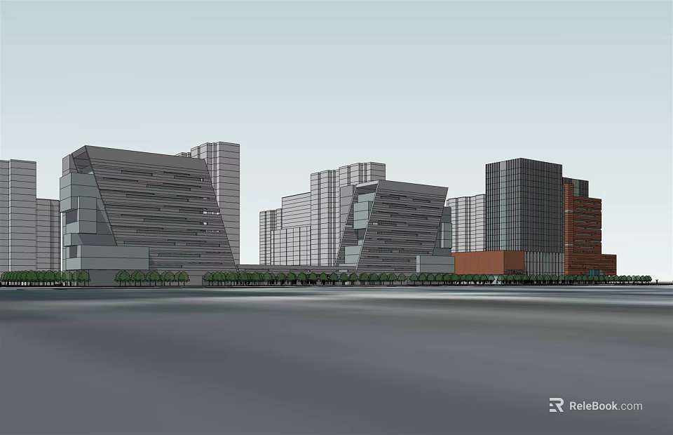 Modern Office Buildings With Geometric Facades Glass Curtain Walls And Green Landscaping 3d model 