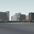 Modern Office Buildings With Geometric Facades Glass Curtain Walls And Green Landscaping