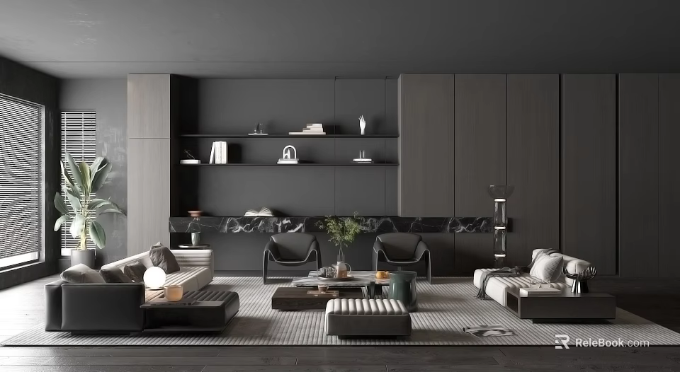 Modern Dark Colored Living Room Interior With Open Bookshelf Sofa Coffee Table And Green Plants 3d model 