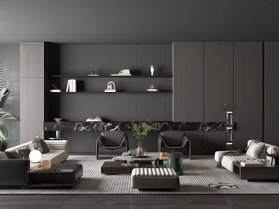 Modern Dark Colored Living Room Interior With Open Bookshelf Sofa Coffee Table And Green Plants 3d model