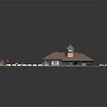 Cartoon Scene of Train Station Platform with Railway Tracks Clock Tower and Vehicles