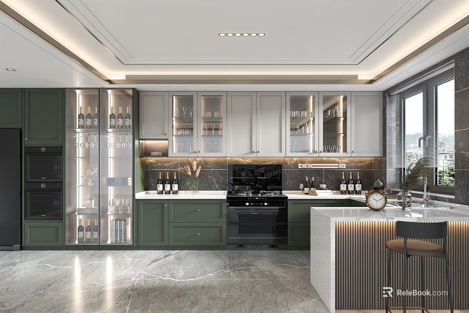 Modern Green And White Kitchen Interior With Island Counter And Appliances 3d model 
