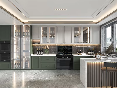 Modern Green And White Kitchen Interior With Island Counter And Appliances 3d model