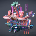 Vibrant Cartoon Scenery Featuring Floating Building With Colorful Design Neon Signs And Pipes