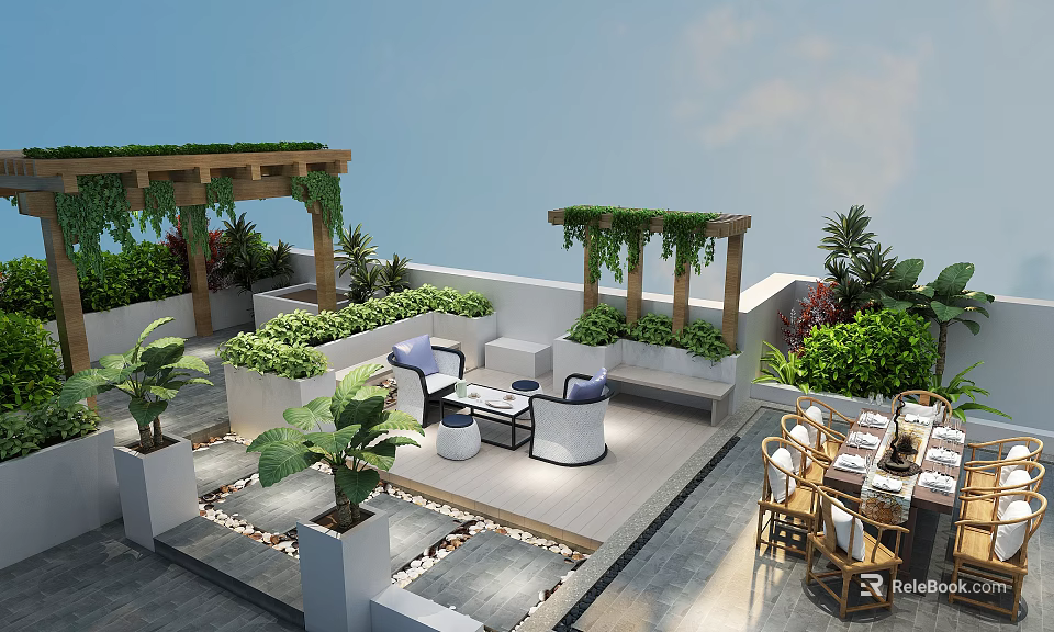 Pergola On Rooftop Terrace With Greenery Vines Sofa Seating And Dining Furniture 3d model 