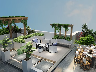 Pergola On Rooftop Terrace With Greenery Vines Sofa Seating And Dining Furniture 3d model