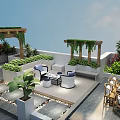 Pergola On Rooftop Terrace With Greenery Vines Sofa Seating And Dining Furniture