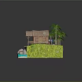 Cartoon Scene Featuring Thatched Hut Palm Trees Sand Beach And Small Boat On Water