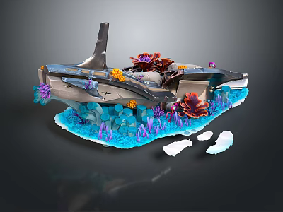 Underwater Wreck Scene With Colorful Corals Marine Plants Blue Water And Ice Blocks 3d model