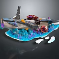 Underwater Wreck Scene With Colorful Corals Marine Plants Blue Water And Ice Blocks