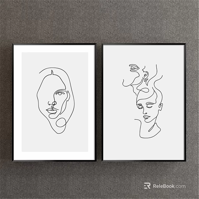 Two Framed Line Art Portrait Paintings Hanging On Gray Wall Decor 3d model 